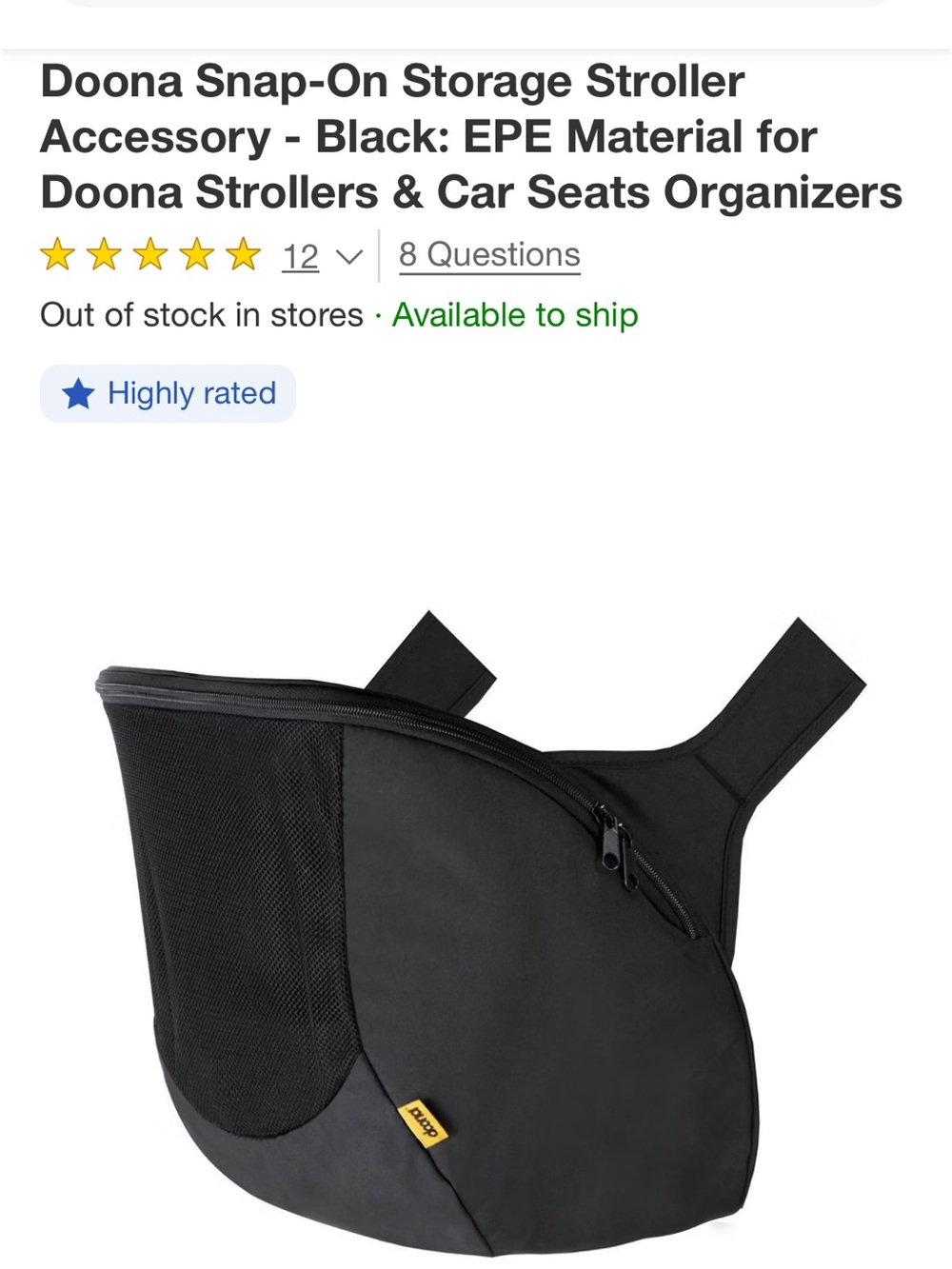Doona Black Snap-On Storage Stroller Accessory